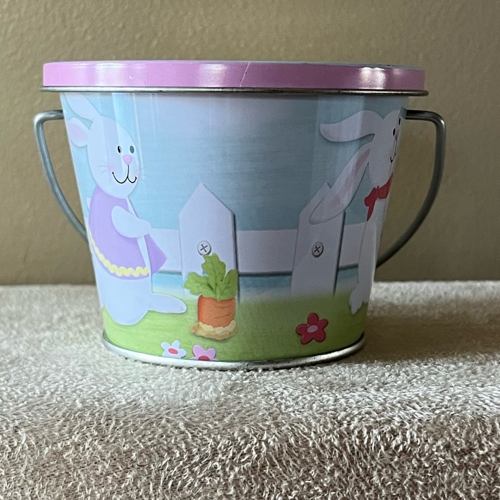 Easter Bunny Metal Bucket With Pink Rimmed Cover.
